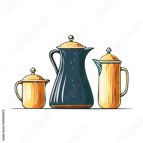 Vintage Coffee Pots and Mug Illustration