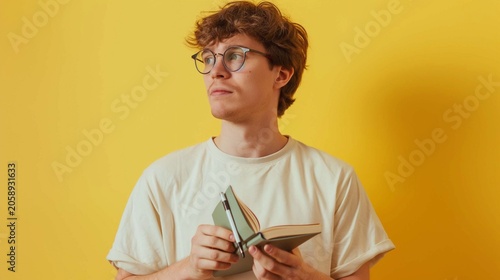 A man holding a notebook and pen, looking thoughtful while jotting down ideas, against a pastel yellow background