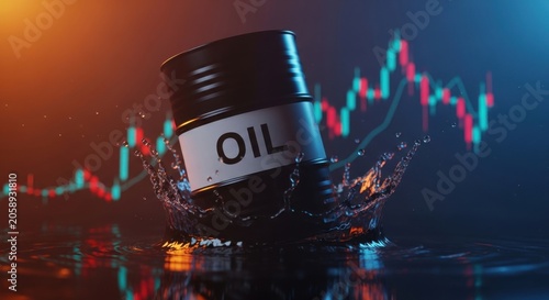 Crude oil barrel splashing in liquid, stock market trading graph background, global energy industry and petroleum price volatility concept