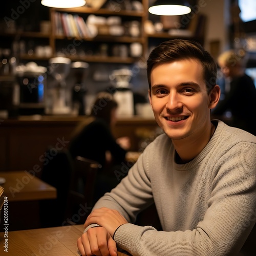 Smiling man in a cafe looking at the camera.