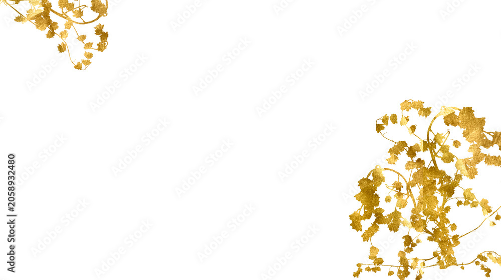 Fototapeta premium Golden leaves frame. Gold stroke frame. Pieces flakes of gold foil on isolated wedding frame. Elegant gold sparkle gold wave background. Brushstroke with gold. Watercolor brush stroke gold. Golden png