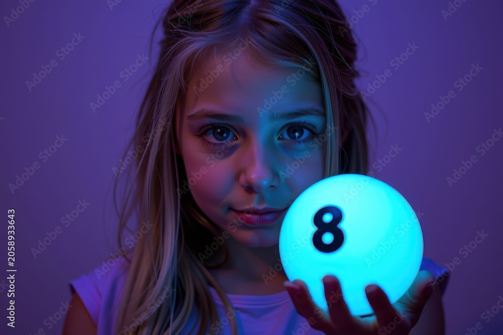 Naklejka premium Young girl holds glowing, illuminated ball