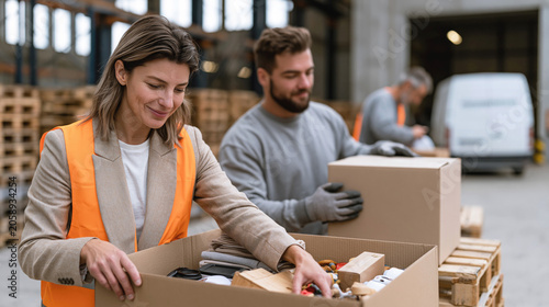 Volunteers gather and organize food boxes in a charity warehouse, preparing essential donations for people in need and supporting community relief efforts.