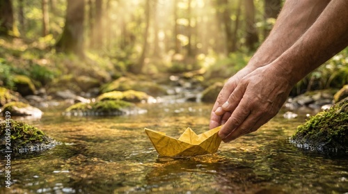 Hands gently placing a yellow paper boat into a flowing stream in a sun-dappled forest