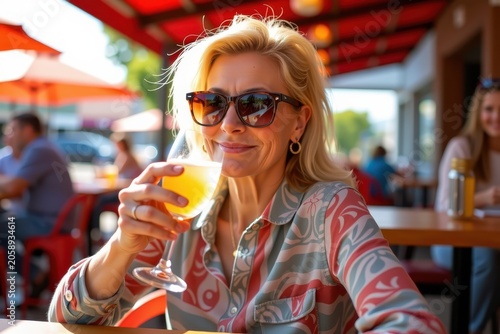 Blonde woman sips drink under red awning