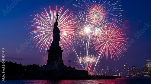 Statue of liberty silhouette with vibrant fourth of july fireworks in new york