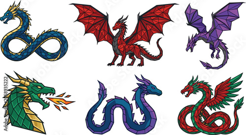 Obraz na płótnie Fantasy Dragon Collection Featuring Colorful Mythical Creatures with Geometric W