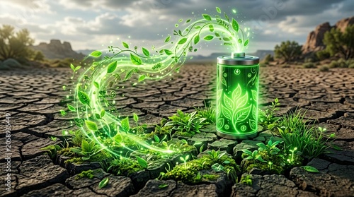 Glowing green battery symbol with growing leaves and vines in dry cracked earth
