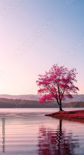 Serene lakeside scene with vibrant pink tree and reflections at sunset.