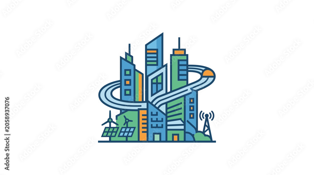 Naklejka premium Smart City Illustration: Sustainable Urban Development with Renewable Energy & Transport
