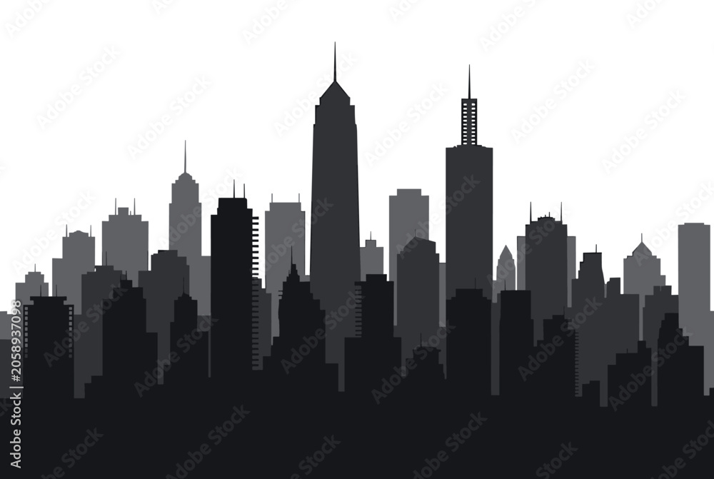Fototapeta premium Layers of city skyline silhouettes in various shades of grey creating a sense of depth and urban city atmosphere.