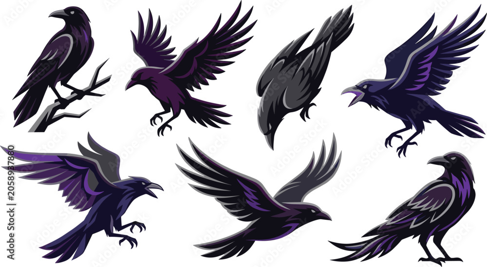 Obraz premium Dark Raven Collection Featuring Flying Crow Birds in Dynamic Poses with Gothic Wildlife Vector Illustration Set