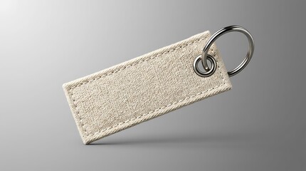 Close-up View of Light Beige Fabric Keychain Tag on Gray Gradient Background