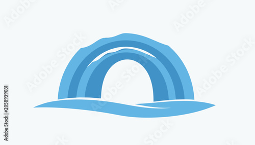 Abstract icon depicting a blue multi-layered arch structure or stone bridge over flowing water waves.