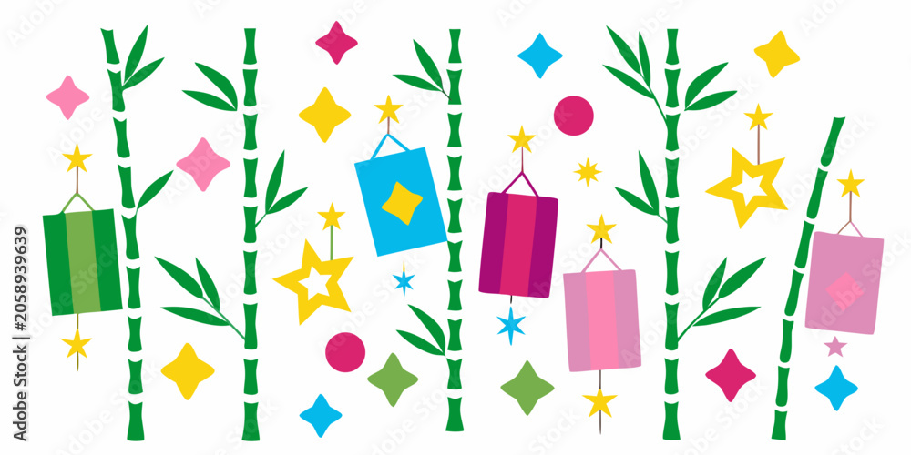 Fototapeta premium Tanabata Festival Design With Bamboo Stars And Colorful Paper Decorations