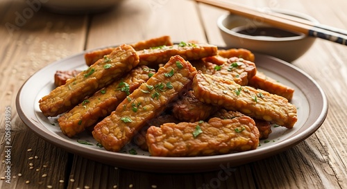 Delicious Crispy Fried Tempeh Slices on a Plate with Garnish.