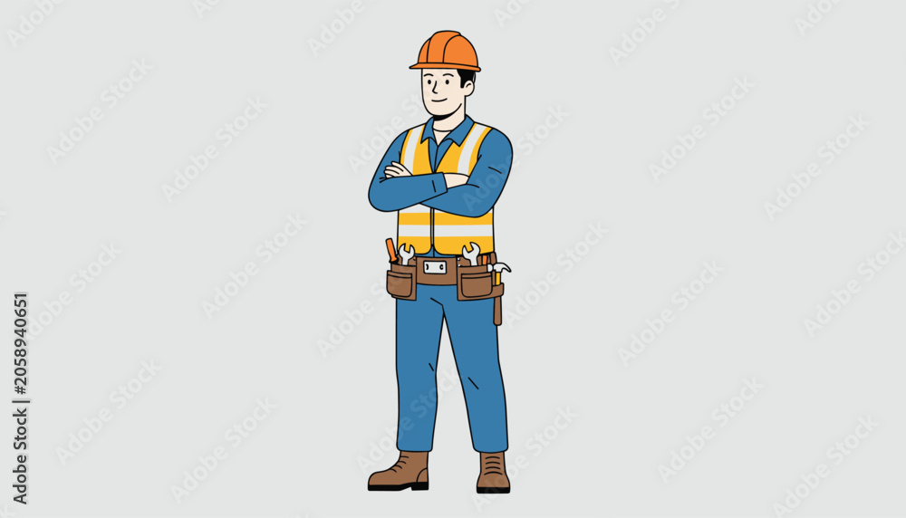 Fototapeta premium Confident professional construction worker in safety vest and helmet standing with folded arms on grey background.