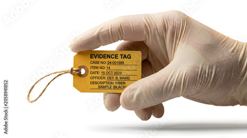 A gloved hand holds an evidence tag, a symbol of investigation and legal proceedings. The tag details are visible, implying a case number and item description.