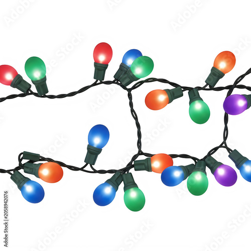 Colorful glowing christmas fairy lights string isolated on transparent background
