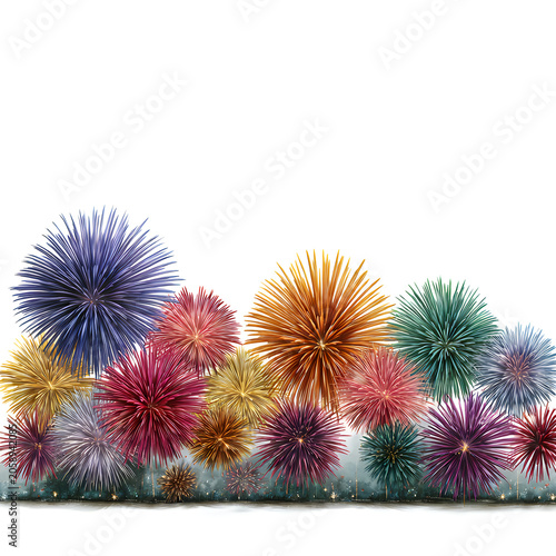 Colorful festive fireworks display isolated on white background