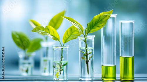 Experiment with plants in test tubes showing growth and new leaves in a laboratory setting during the day