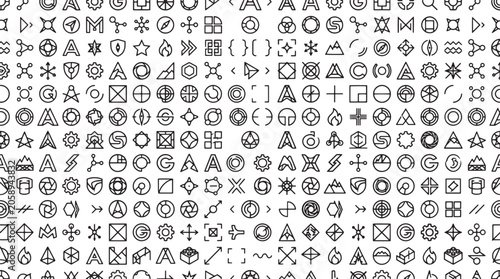 Abstract geometric technical icons seamless pattern with minimalist black line art logo symbols