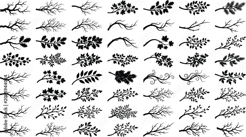 Fototapeta premium Collection of various black silhouettes of tree branches and leaves