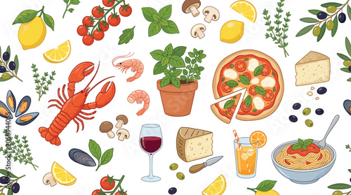 Colorful Italian food pattern with pizza, pasta, seafood, herbs, and wine showing Mediterranean cuisine concept artwork design illustration, flat vector illustration