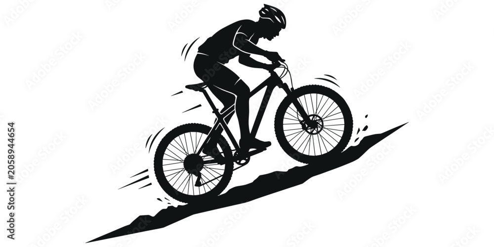 Obraz premium Silhouette of cyclist riding mountain bike uphill showing strength, endurance, and outdoor adventure concept artwork design illustration, flat vector illustration