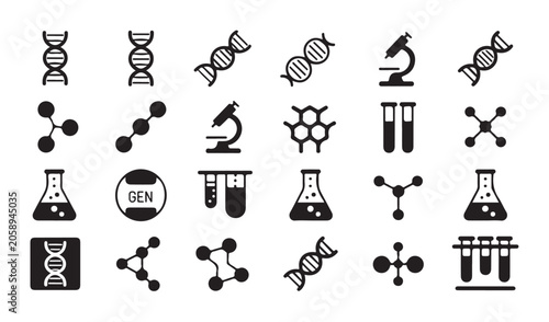 Tablou pe pânză Biotechnology icons set with DNA microscope and test tubes.