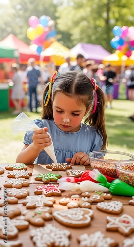 Young girl decorates cookies at outdoor festival, joyful activity.