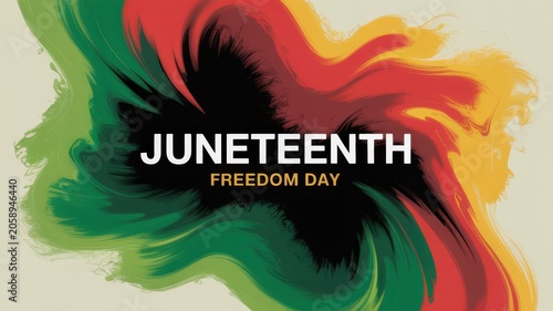 Juneteenth freedom day abstract celebration banner with vibrant red green and yellow swirls on a neutral background design