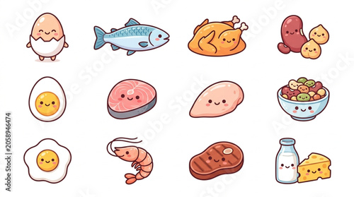 Obraz na plátně Cute Kawaii Food Icons Collection Healthy Protein Sources.