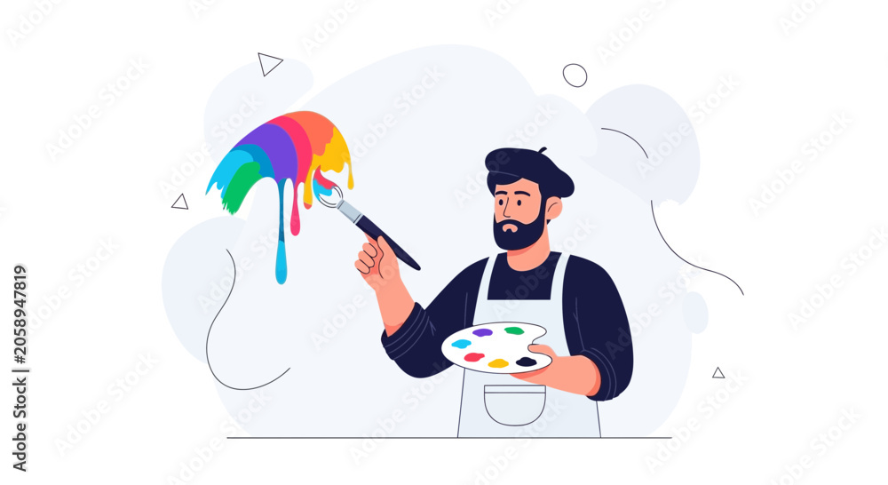 Fototapeta premium Artist paints a colorful, dripping umbrella with a brush and palette, modern flat illustration style.