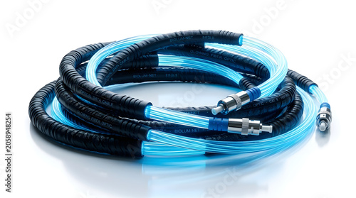 Flexible fiber optic cables with bright blue illumination are coiled neatly, showcasing advanced technology and modern connectivity.