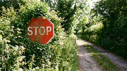An old red stop sign is overgrown with green plants beside a dirt road in the countryside.