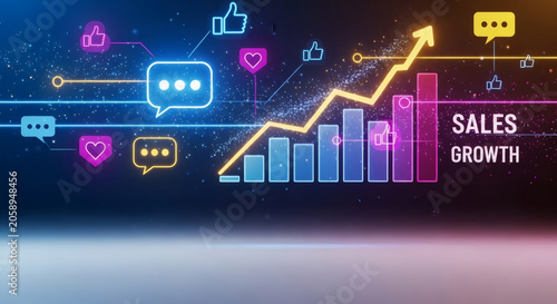 Sales Growth And Social Media Analytics Concept With Upward Chart, Likes And Chat Icons