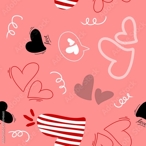 Cute love pattern seamless doodles featuring hand drawn hearts, romantic symbols, arrows, stars, flowers, and playful decorative elements. Repeating  background perfect for Valentine's Day 