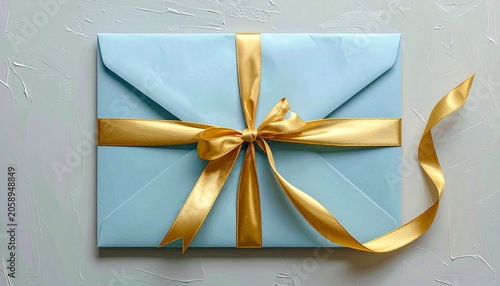 Light blue envelope with a golden ribbon tied into a bow