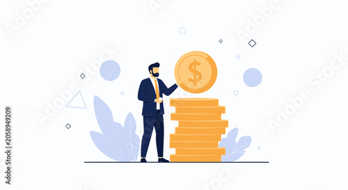 Businessman holding a dollar coin above a stack of coins, symbolizing financial growth and wealth. Modern flat illustration with abstract elements.
