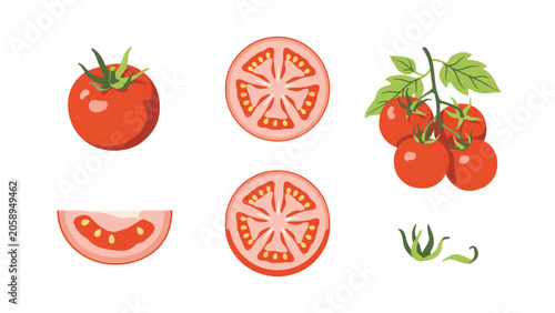 Colorful flat design icons of tomatoes and pizza slices with basil leaves Vector