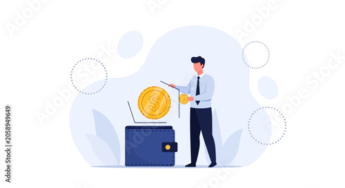 Businessman managing finances, depositing coins into wallet with laptop and abstract shapes background