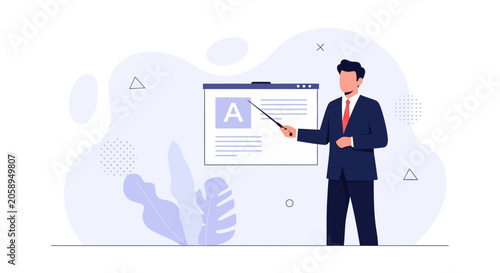 Businessman presenting on a whiteboard, illustrating business presentation, teaching, strategy, and education with modern flat design elements.