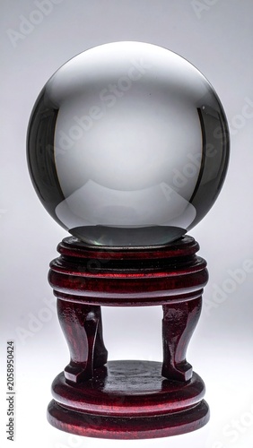Isolated clear crystal ball on a wooden stand