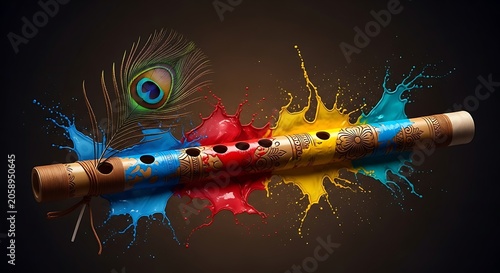 Colorful paint splashes on wooden flute with vibrant abstract background in dark setting