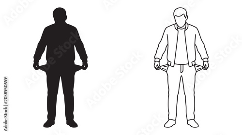 Man With Empty Pockets Silhouette And Line Art On White Background