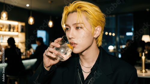 Asian Man with Orange Hair Sipping a Cocktail