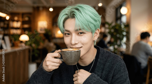 Young Asian Man with Mint Green Hair Sipping Coffee