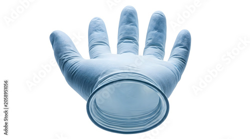 A clean, sterile blue surgical glove, presented as a flat, open palm, symbolizes medical care, hygiene, and protection in a healthcare setting.