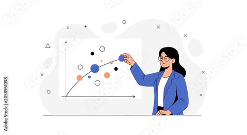 Businesswoman analyzing data graph with scatter plot and trend line, explaining financial growth and strategy